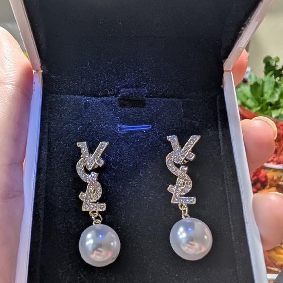 Yves Saint Laurent Gold and Silver Logo Pearl Earrings - Picture 2 of 2